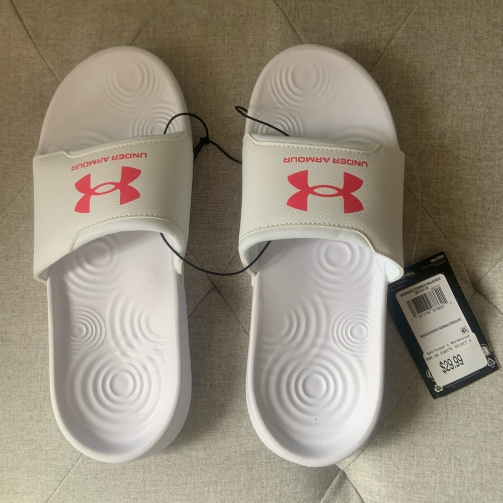 Under Armour White Slides with Pink Logo